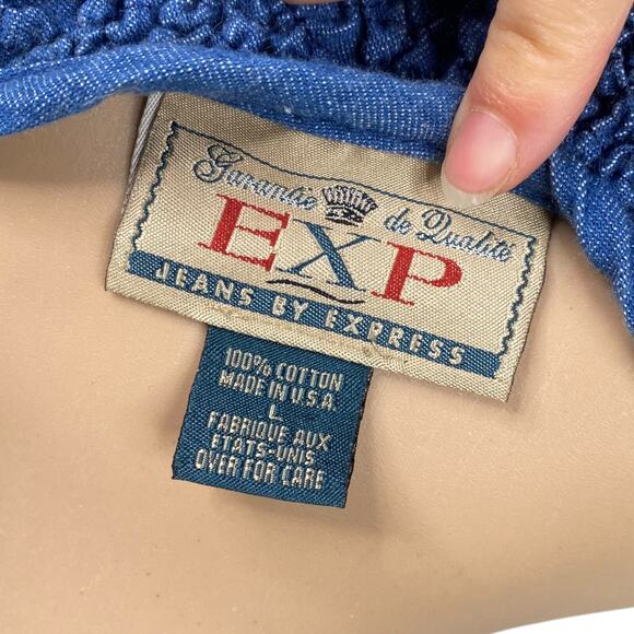 Vtg 90s Jeans by Express EXP Smocked Denim Fit & Flare Western Mini Dress SZ L - Picture 8 of 9